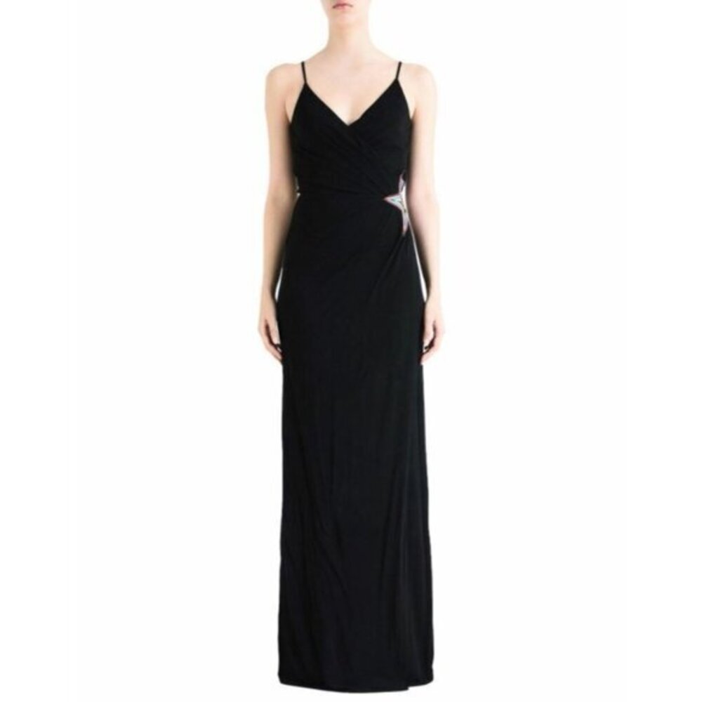 Just Cavalli Black Jersey Knit Viscose Maxi Dress Star Embroidery SZ 42 IT 6 US